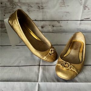 Michael Kors metallic gold leather MK logo flats driving moccasins